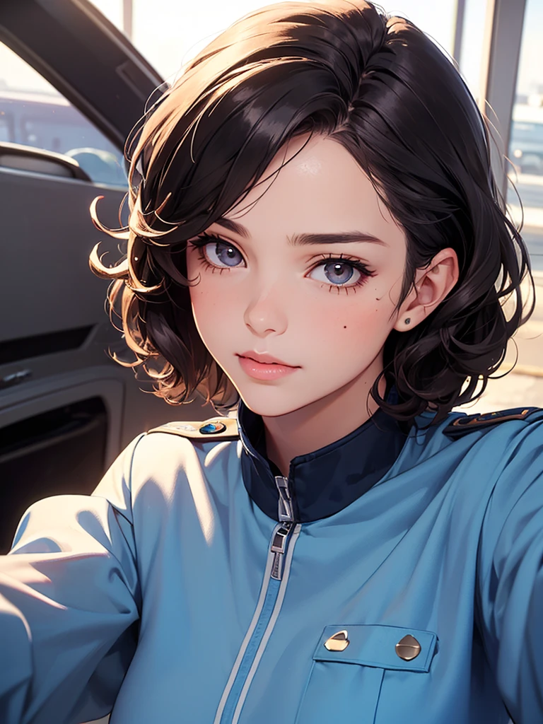 girl wearing air force pilot uniform, top shot,((Selfie)), random background, kiss, Fair, French short curly hair, There is a tear nevus under the left eye, medium breasts, Mole on upper left chest, Flirting look, ((Very detailed)), (Perfect facial details), (Detailed hands), realistic images.