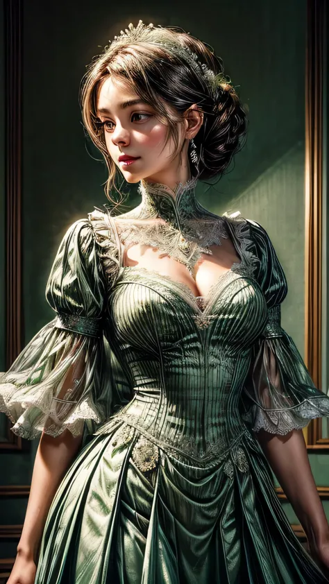 ((high quality work)), The lines are clear and concise., The green dress and beautiful pleated lace complement each other, It en...