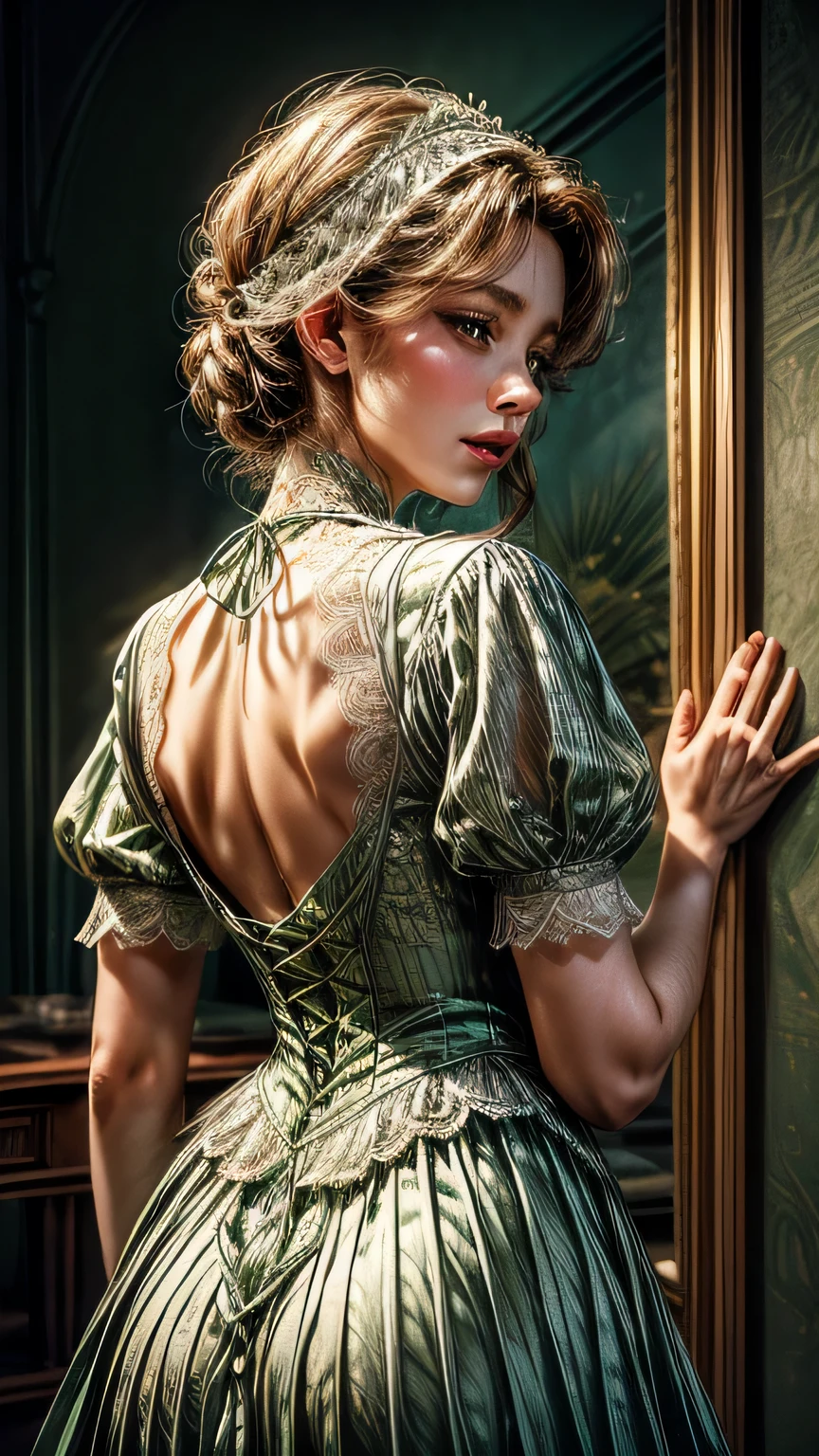 ((high quality work)), The lines are clear and concise., The green dress and beautiful pleated lace complement each other, It enriches the overlap of the whole picture, Elegant Edwardian lace dresses and princess skirts enhance the character, Gesture of turning the back of the hand back , Expresses the gentle and elegant side of women. ((close up of face))､