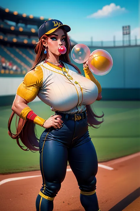 1980's, female, inflating hitomi-t, red hair, blue eyes, makeup, extra long hair, earrings, halo, (blow bubble gum:1.2), (Baseba...