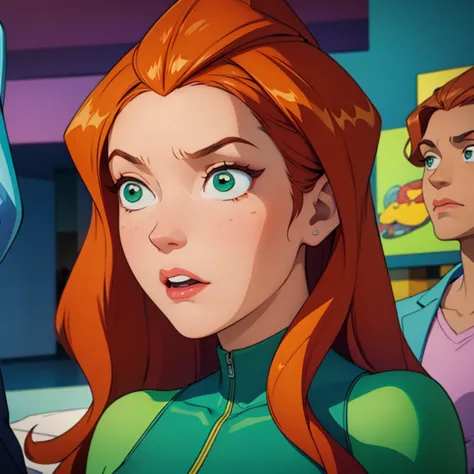 sam \(totally spies\), orange hair, long hair, green eyes, green body suit, surprised, showing both ears, closed lips, (focus fa...