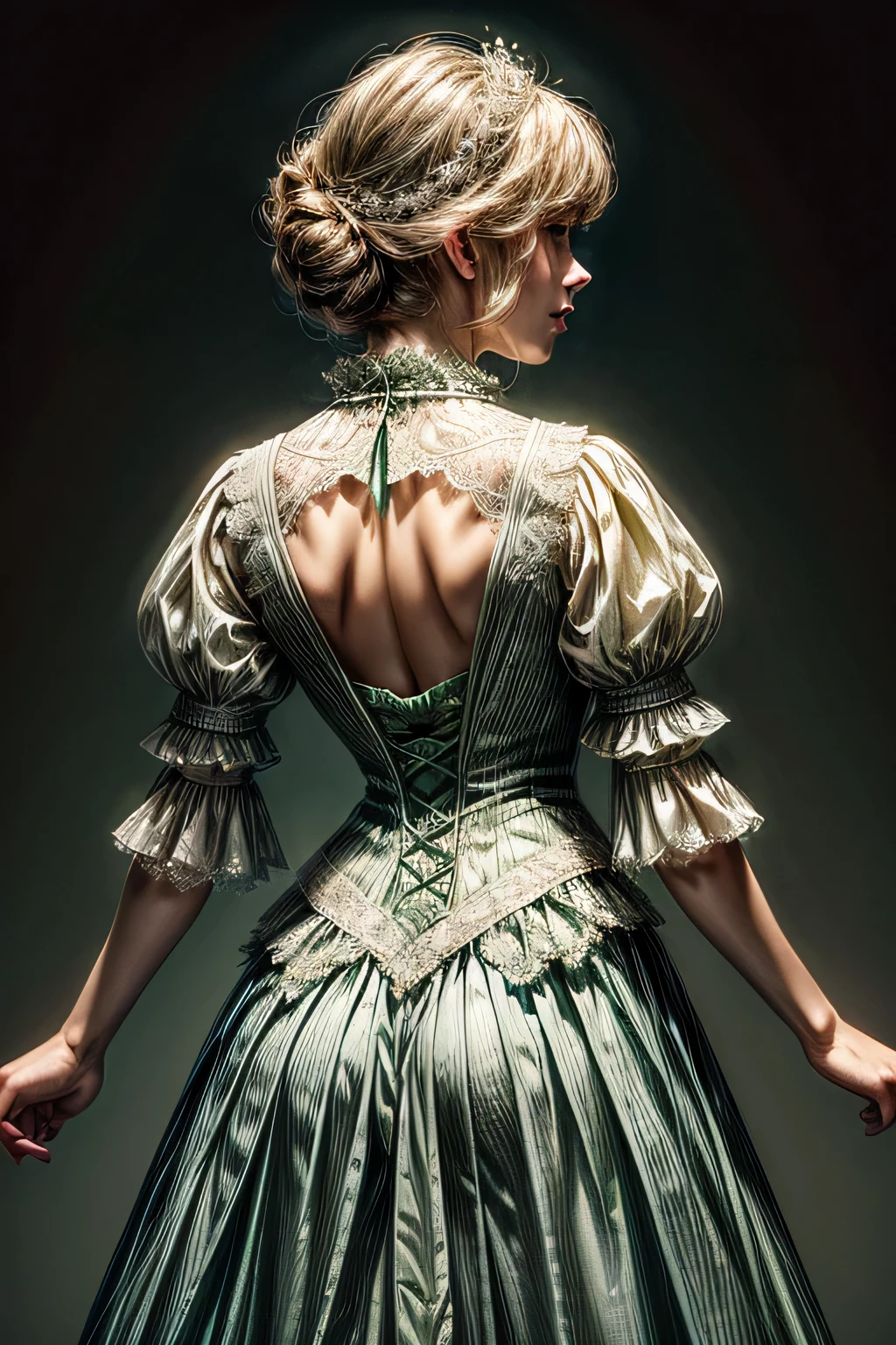 ((high quality work)), The lines are clear and concise., The green dress and beautiful pleated lace complement each other, It enriches the overlap of the whole picture, Elegant Edwardian lace dresses and princess skirts enhance the character, Gesture of turning the back of the hand back , Expresses the gentle and elegant side of women.