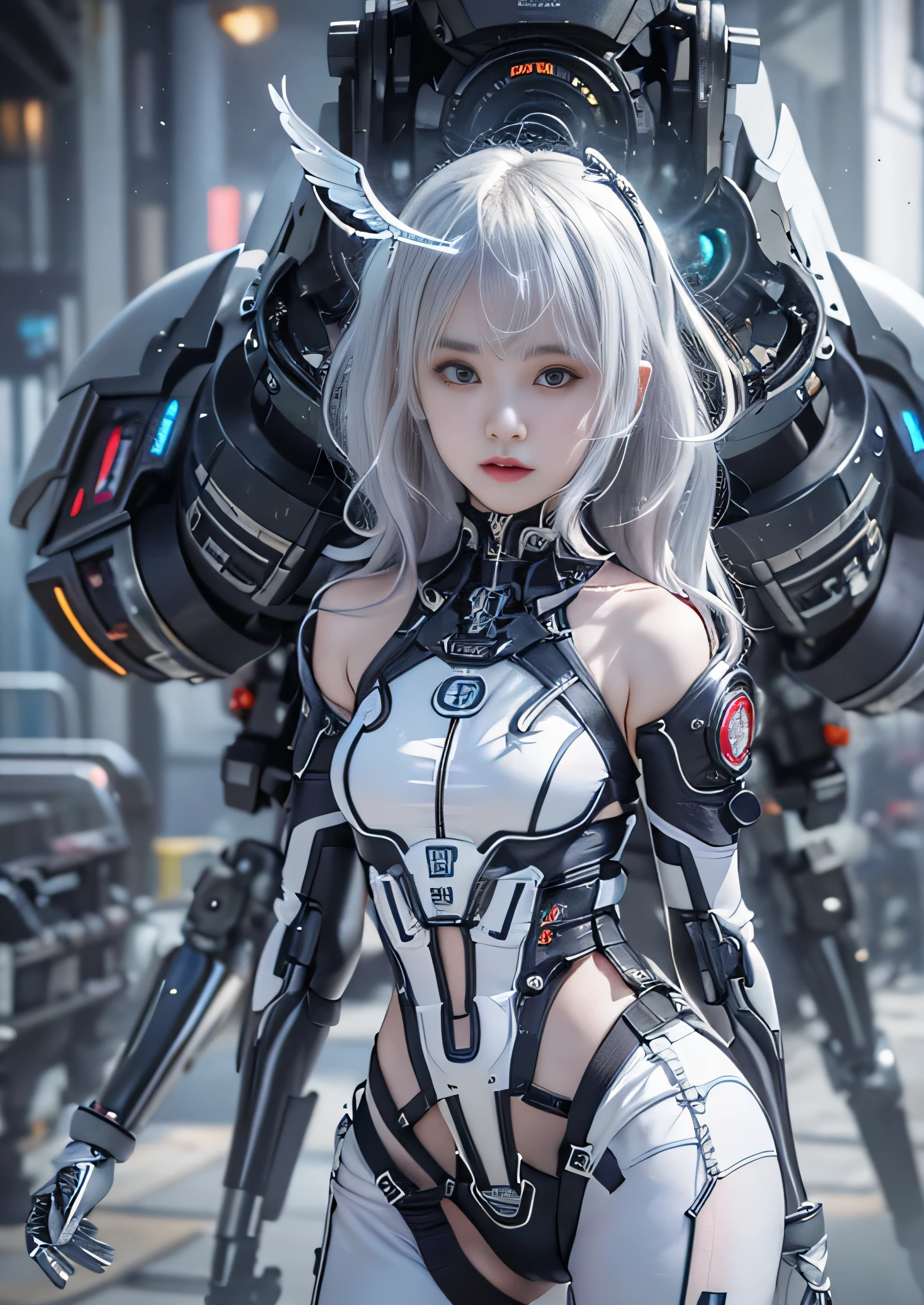 highest quality、master piece、超A high resolution、(Photoreal:1.4)、Raw photo、Combat Robot Angel、white porcelain body、Acrylic transparent cover、white hair、glowing skin、1 cyborg girl、((Ultra realistic details))、porate、global illumination、Black Shadow、octane rendering、8K、super sharp、character edge light,Huge 、Bare skin exposed between the breasts、side boo boo, Underboo Boo, The lower abdomen is exposed, thin pubic hair, intricate decorative details、Gothic Lolita details、hydraulic cylinder、Small LED Light、very intricate details、realistic light、purple eyes、shining eyes、towards the camera、neon light details、cowboy shot、futuristic headgear、About the Floor Plan《cyberpunk characters》、、