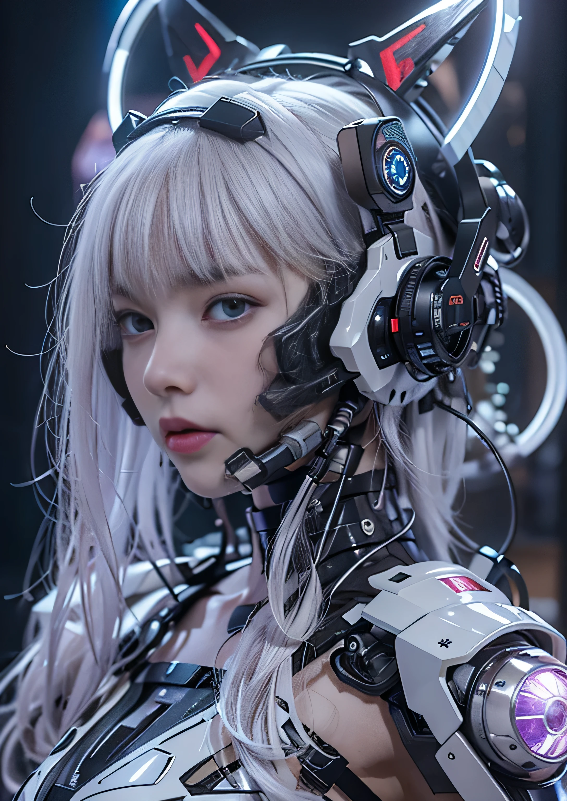 highest quality、master piece、超A high resolution、(Photoreal:1.4)、Raw photo、Combat Robot Angel、white porcelain body、Acrylic transparent cover、white hair、glowing skin、1 cyborg girl、((Ultra realistic details))、porate、global illumination、Black Shadow、octane rendering、8K、super sharp、character edge light,Huge 、Bare skin exposed between the breasts、side boo boo, Underboo Boo, The lower abdomen is exposed, thin pubic hair, intricate decorative details、Gothic Lolita details、hydraulic cylinder、Small LED Light、very intricate details、realistic light、purple eyes、shining eyes、towards the camera、neon light details、cowboy shot、futuristic headgear、About the Floor Plan《cyberpunk characters》、、