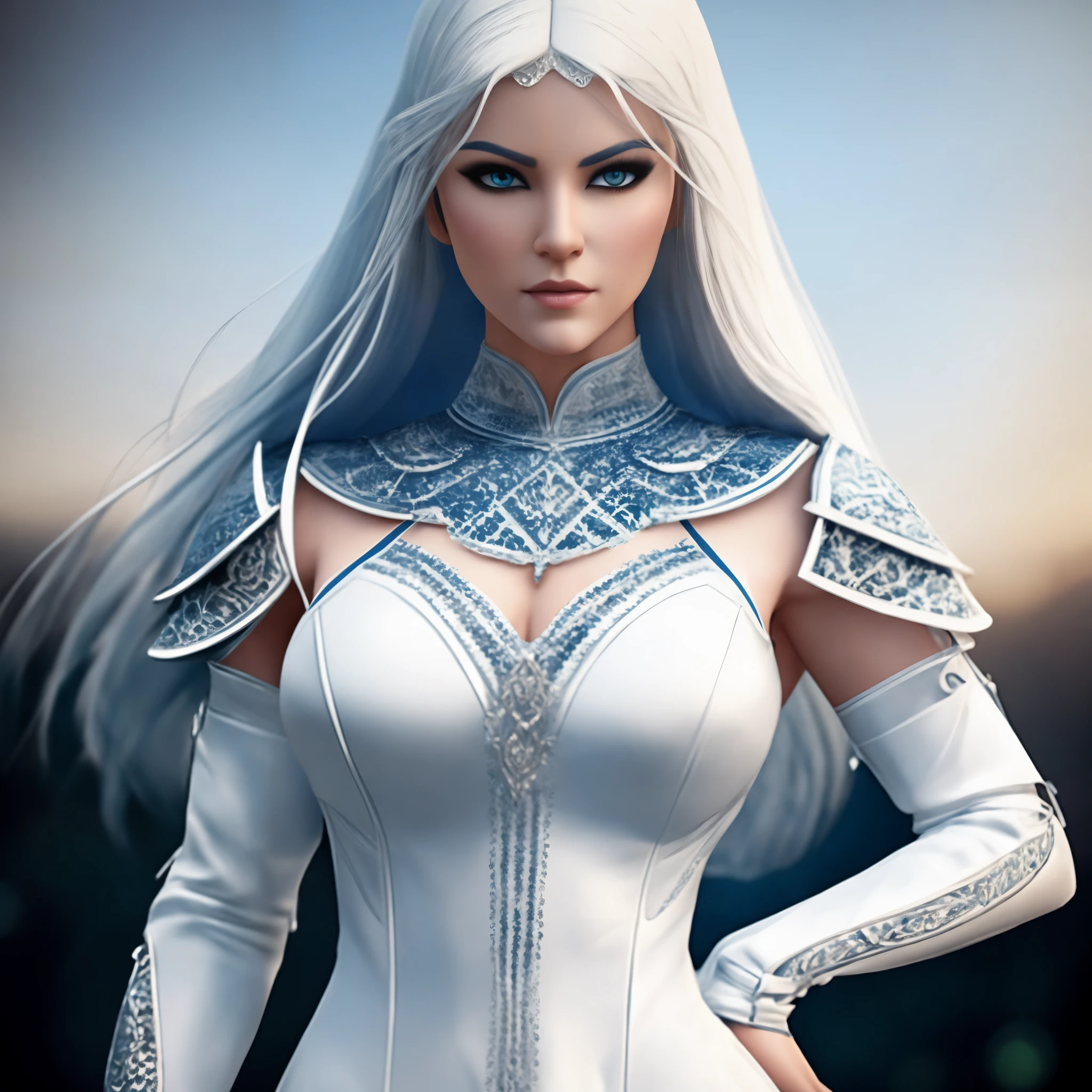 Mujer arafed vestida de blanco con ojos azules y pelo blanco., muy hermosa top model elfa, hermosa y elegante elfa, hermosa y elegante reina elfa, hermosa princesa elfa, hechicera de hielo, seductora princesa elfa caballero, mujer de fantasia, Arte de personajes de renderizado 3D 8 k, Arte de personajes exquisito y épico., pelo largo blanco detallado, Arte digital de fantasía detallada