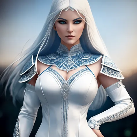 arafed woman in white dress with blue eyes and white hair, very beautiful elven top model, beautiful and elegant female elf, bea...