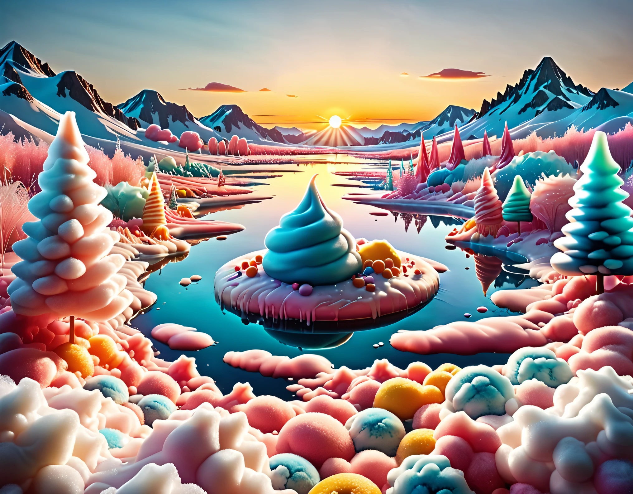 ((beautiful candy planet, floating in gelatin, you can see popsicle trees, rivers of icing, mountains of cakes, epic: 1.7)), long shot: 1.4, (masterpiece: 1.5), (Best quality: 1.6), (ultra high resolution:1.4), ((landscape, vibrant colors, sunrise, donut-shaped sun:1.7)), (( magical, Beautiful, dreamy idyllic:1.6 )), (( Best quality, vibrant, 32k, clear and well-defined shadows, sharpness in the image: 1.6)).