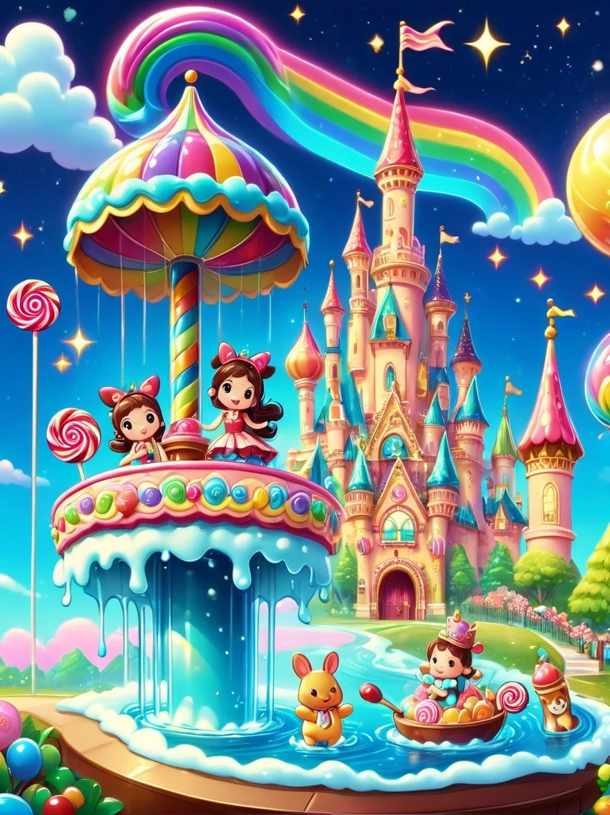 Disney World full of candy（Candy Princess：1.5），Beautiful Candy Princess，cute princess，beautiful big eyes, mischief_Smile, charming_full outfit, A full of fantasy candy wonderland，Vibrant，Colorful，Glittering sugar sculptures，Lollipop tree，Candy Cane Road，cotton candy cloud，A magical castle made of candy，candy fountain，Candy Rainbow Sky，The air is filled with laughter，A candy carousel，There are gummy bears and licorice horses，Candy theme rides and attractions，A chocolate river flows through the park，Candy theme characters，Ice Cream Hill，Bubblegum Beach，Candy wrappers blowing in the wind，A candy theme with confetti made of candy，Candy Princess dancing in a candy dress，Candy theme&#39;s fireworks lit up the night sky，The air is filled with a sweet aroma，Treasure those sugar-coated memories。（best quality，Super detailed，Reality，vivid colors，high dynamic range，candy theme，Full of fantasy，Vibrant，Magical Lights）