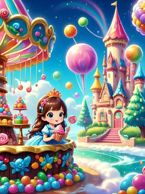 Disney World full of candy（Candy Princess：1.5），Beautiful Candy Princess，cute princess，beautiful big eyes, mischief_Smile, charming_full outfit, A full of fantasy candy wonderland，Vibrant，Colorful，Glittering sugar sculptures，Lollipop tree，Candy Cane Road，co...