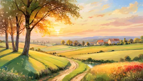 A serene countryside landscape during golden hour, with soft, painterly brushstrokes capturing the warm light and gentle colors,...