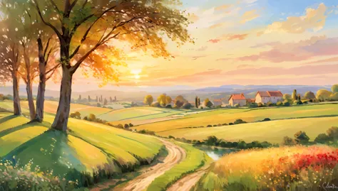 a serene countryside landscape during golden hour, with soft, painterly brushstrokes capturing the warm light and gentle colors,...