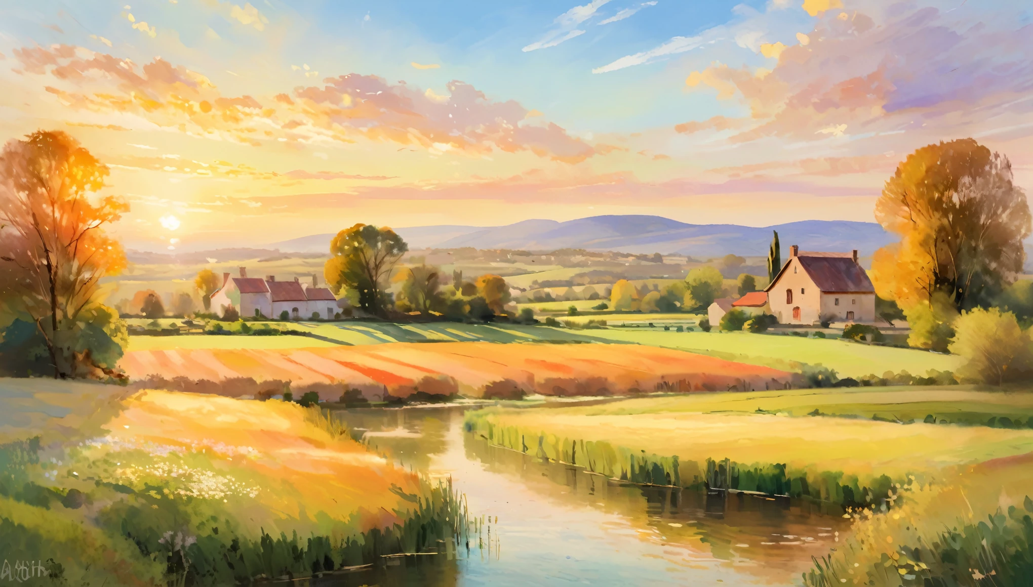 A serene countryside landscape during golden hour, with soft, painterly brushstrokes capturing the warm light and gentle colors, inspired by the works of Claude Monet and Pierre-Auguste Renoir.