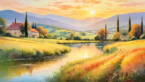 a serene countryside landscape during golden hour, with soft, painterly brushstrokes capturing the warm light and gentle colors,...