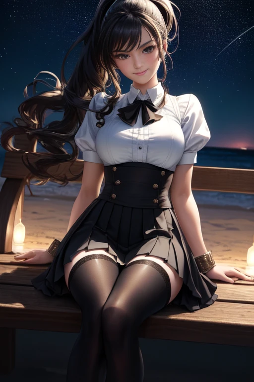 height, very detailed, (1 girl:1.3), (dynamic gesture):1.0 Breaks, 1 An extremely beautiful and charming anime girl sits on a park bench at night., Wear a white collared shirt and a knee-length pleated skirt., (black stockings), She has black curly ponytail., gigantic chest, smile, be happy, wind, 8 life size, detailed clothing, detailed body, Detailed weapons, human hand, detailed hands, upper body shot, Emphasize the hips, Blush, light smile, looking at viewer, Facing the audience, staring at the audience, Lights lit up the beach and stars lit up the sky., Softlight Studio, movie light, Detailed background, realistic, ultra-realistic, Masterpiece, 32k ultra sharp images,