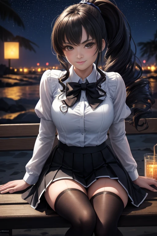 height, very detailed, (1 girl:1.3), (dynamic gesture):1.0 Breaks, 1 An extremely beautiful and charming anime girl sits on a park bench at night., Wear a white collared shirt and a knee-length pleated skirt., (black stockings), She has black curly ponytail., gigantic chest, smile, be happy, wind, 8 life size, detailed clothing, detailed body, Detailed weapons, human hand, detailed hands, upper body shot, Emphasize the hips, Blush, light smile, looking at viewer, Facing the audience, staring at the audience, Lights lit up the beach and stars lit up the sky., Softlight Studio, movie light, Detailed background, realistic, ultra-realistic, Masterpiece, 32k ultra sharp images,