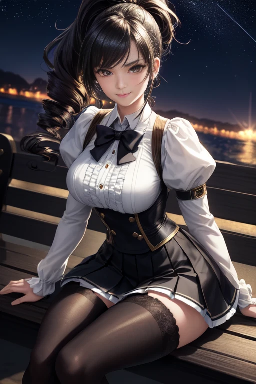 height, very detailed, (1 girl:1.3), (dynamic gesture):1.0 Breaks, 1 An extremely beautiful and charming anime girl sits on a park bench at night., Wear a white collared shirt and a knee-length pleated skirt., (black stockings), She has black curly ponytail., gigantic chest, smile, be happy, wind, 8 life size, detailed clothing, detailed body, Detailed weapons, human hand, detailed hands, upper body shot, Emphasize the hips, Blush, light smile, looking at viewer, Facing the audience, staring at the audience, Lights lit up the beach and stars lit up the sky., Softlight Studio, movie light, Detailed background, realistic, ultra-realistic, Masterpiece, 32k ultra sharp images,