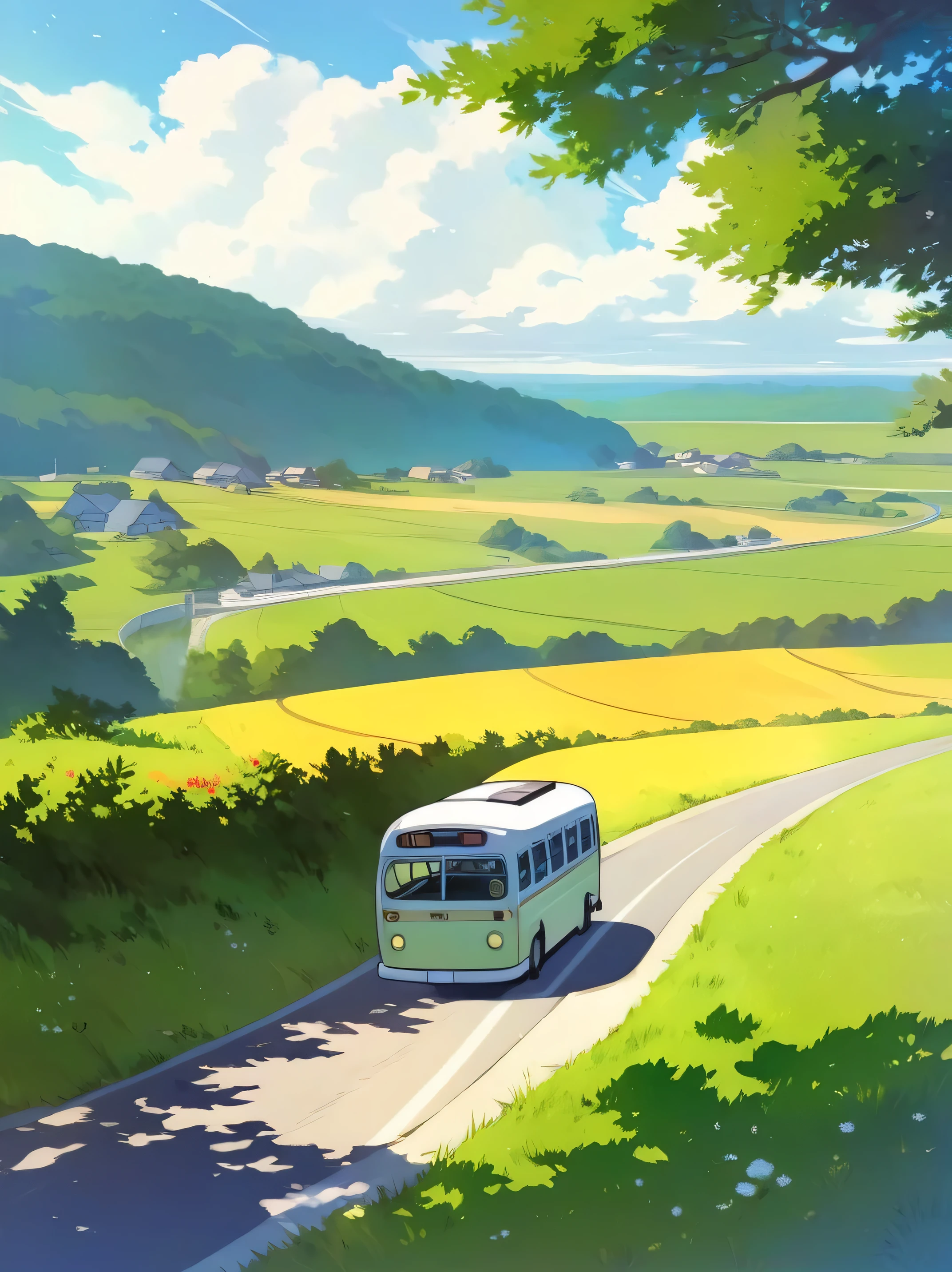 Masterpieces, best quality, country folk background, grassy, bus driving in road, peaceful, windy, summer, daytime