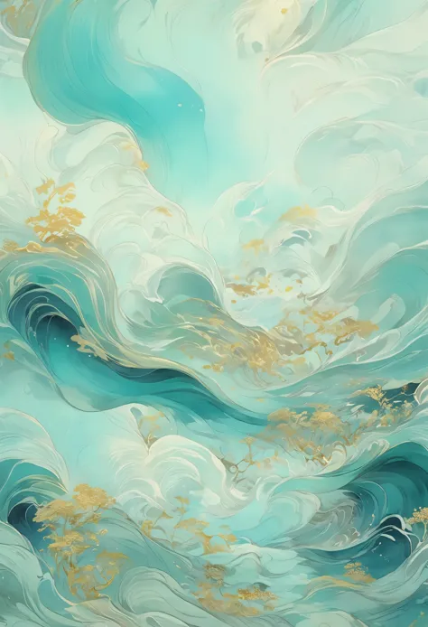 chinese painting nature illustration,  in the style of ethereal dreamscapes,  gold and aquamarine,  layered imagery with subtle ...