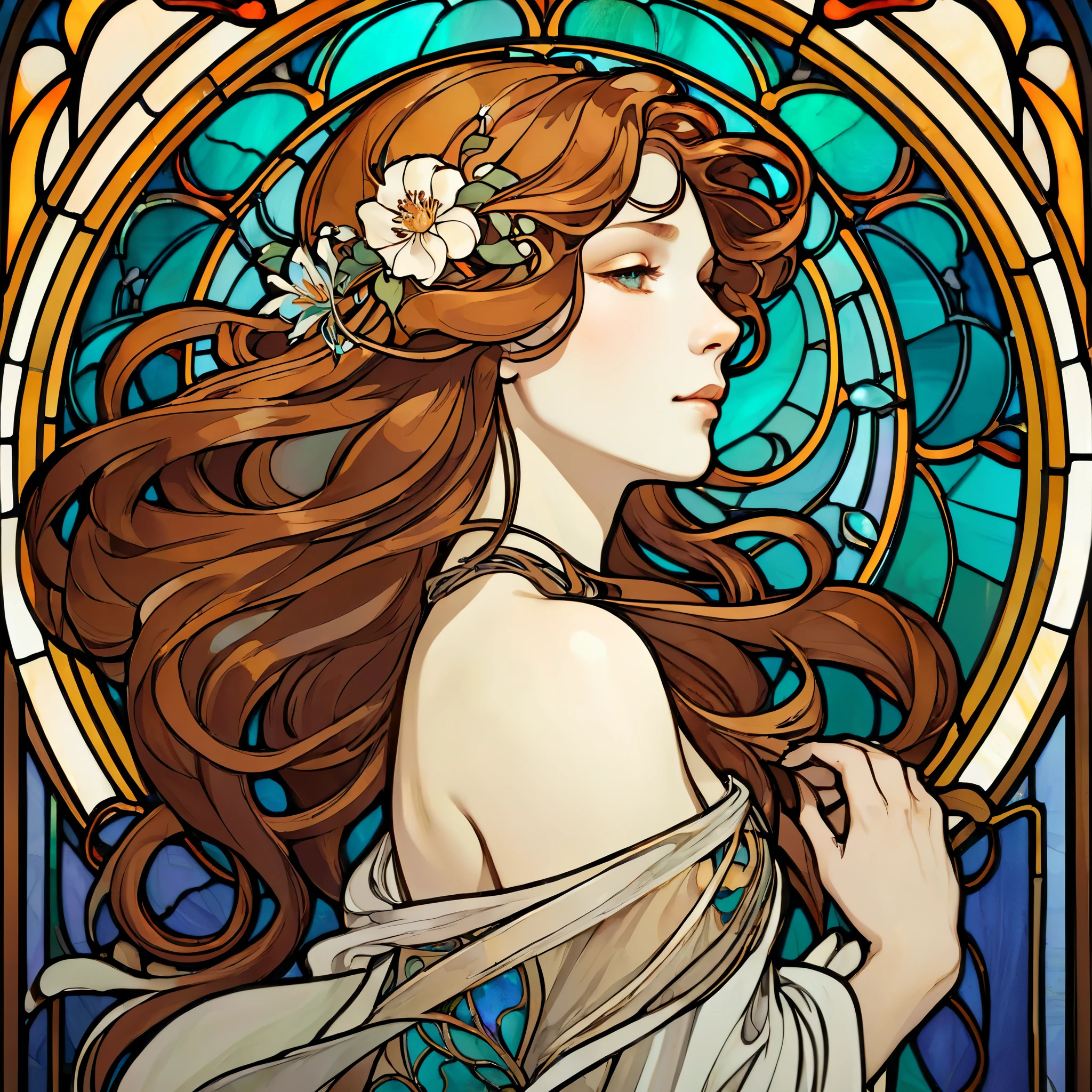 Un elegante retrato en vidriera Art Nouveau de una mujer con cabello suelto y patrones florales intrincados., al estilo de las icónicas obras de Alphonse Mucha.