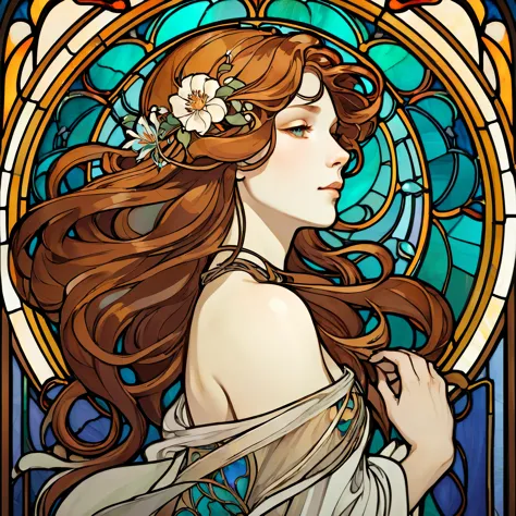 An elegant Art Nouveau stained glass portrait of a woman with flowing hair and intricate floral patterns, in the style of Alphon...