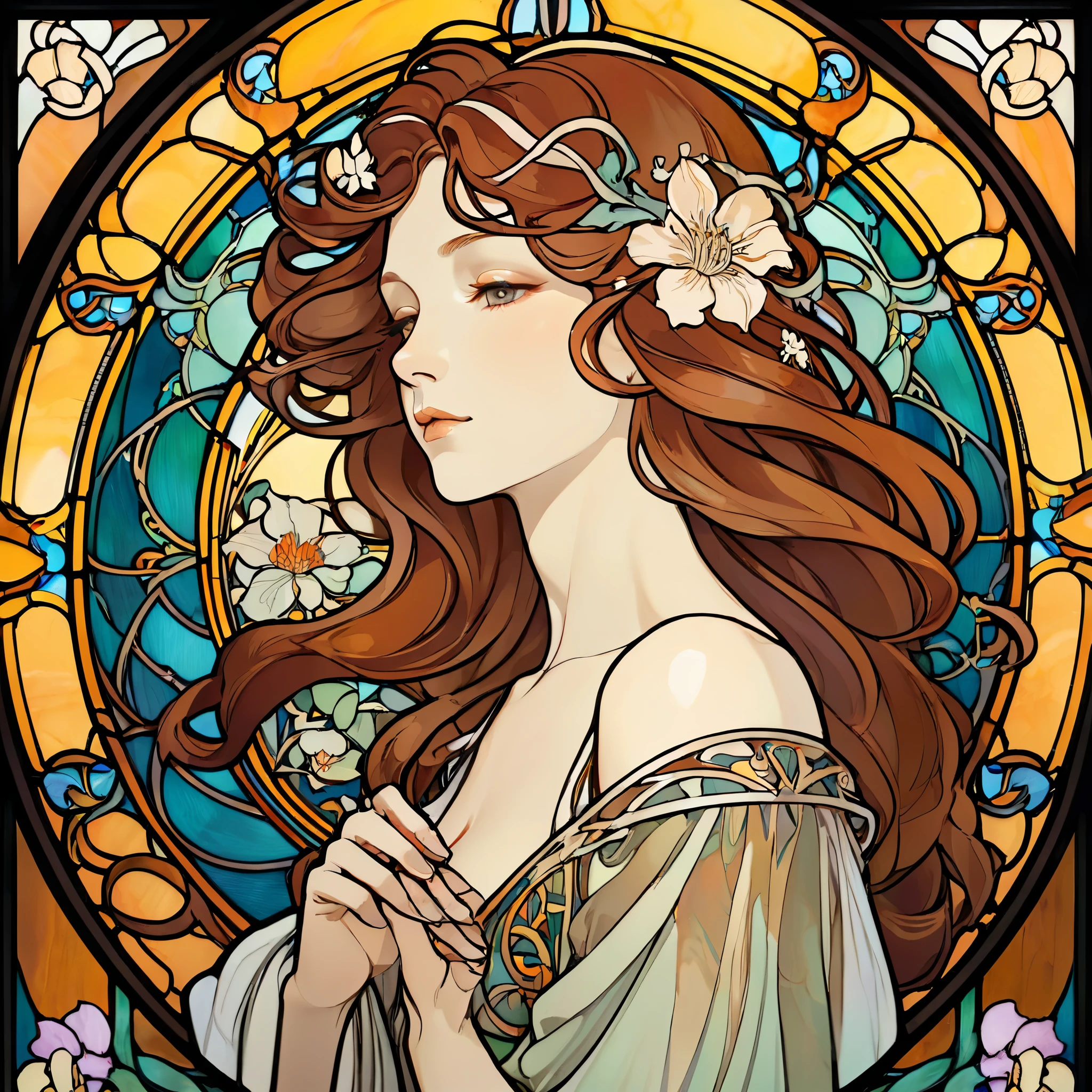 Un elegante retrato en vidriera Art Nouveau de una mujer con cabello suelto y patrones florales intrincados., al estilo de las icónicas obras de Alphonse Mucha.