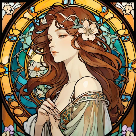 An elegant Art Nouveau stained glass portrait of a woman with flowing hair and intricate floral patterns, in the style of Alphon...
