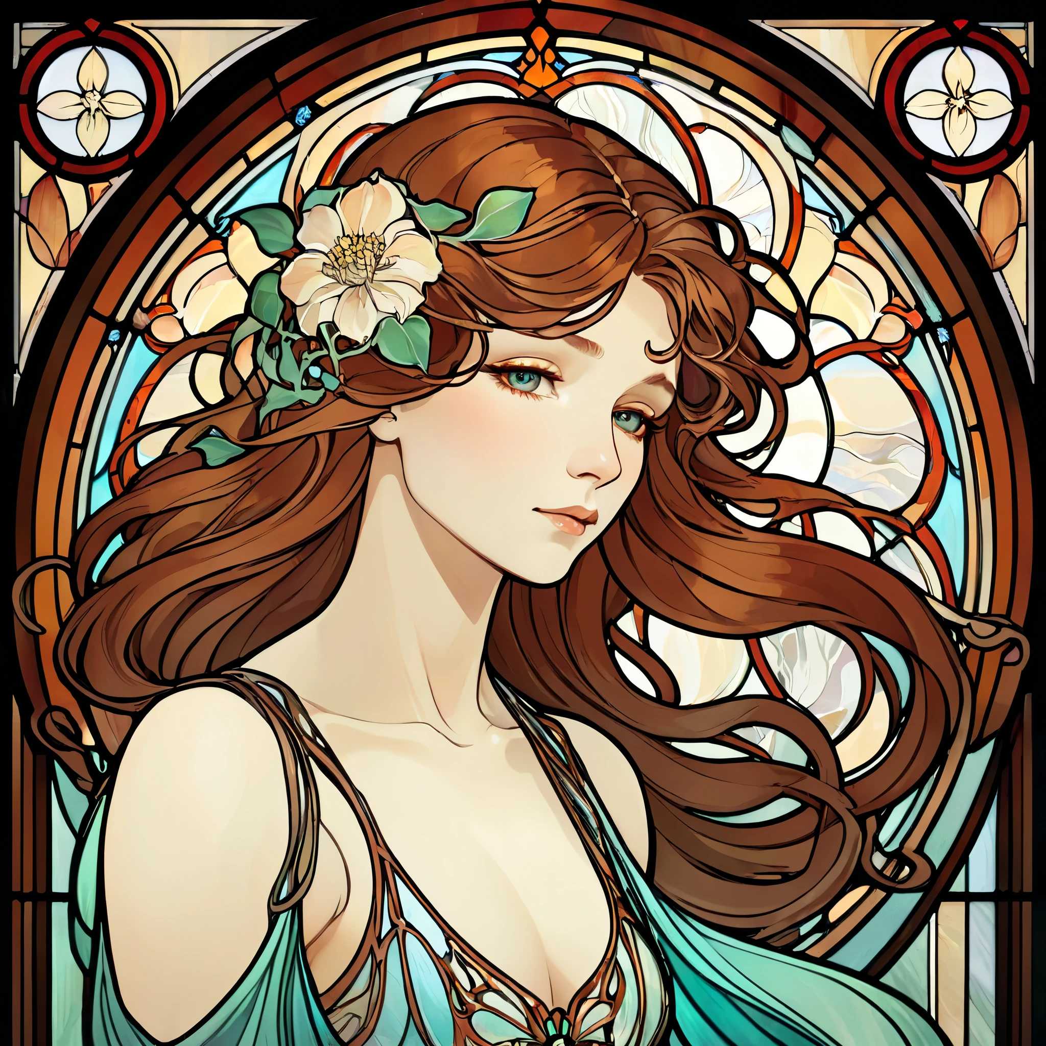 Un elegante retrato en vidriera Art Nouveau de una mujer con cabello suelto y patrones florales intrincados., al estilo de las icónicas obras de Alphonse Mucha.