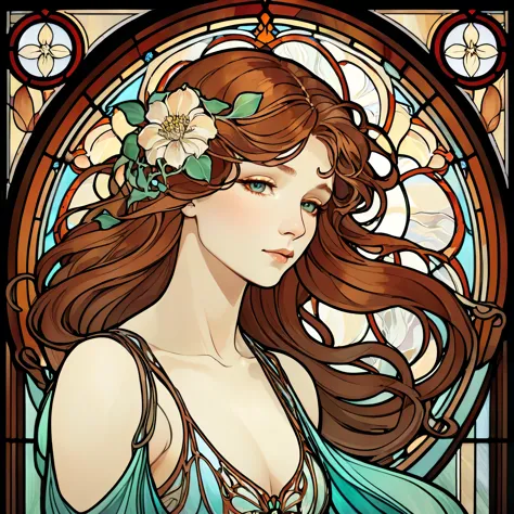 An elegant Art Nouveau stained glass portrait of a woman with flowing hair and intricate floral patterns, in the style of Alphon...