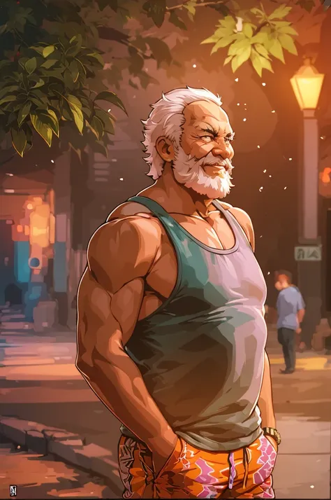 muscular old man in park, happy, vector, mwvector, summer, tank top and shorts, best quality, ultra-detailed, realistic, portrai...