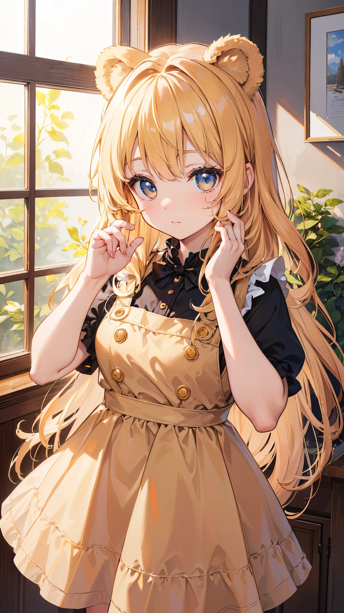 8k, best quality, (lifelike:1.4), original photo, 1 girl, Goldilocks hair, bear ears, pinafore dress, posture: peeking into cottage window, hazel eyes