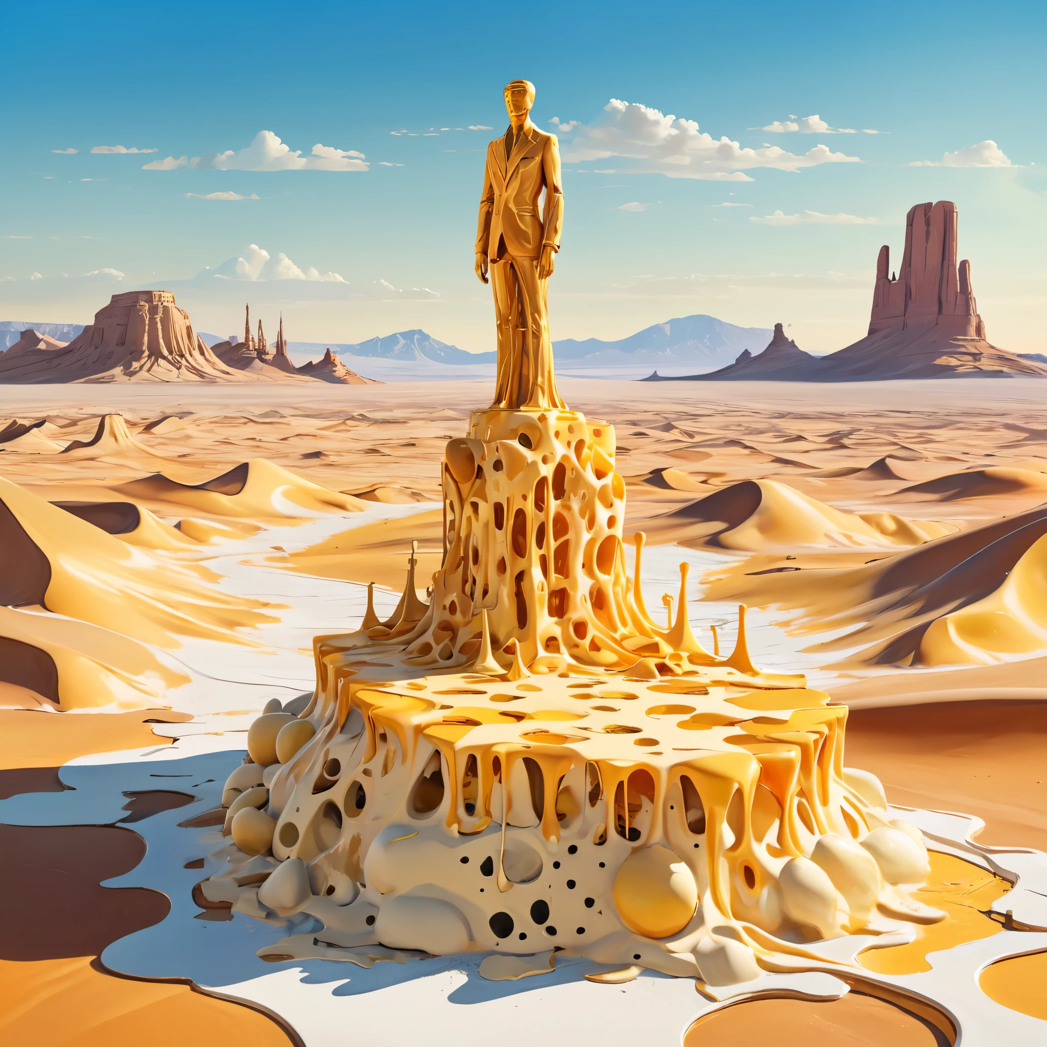 ein surreales, Traumhafte Szene mit einer riesigen Statue, die vollständig aus geschmolzenem Käse besteht, vor einer kargen Wüstenlandschaft, erinnert an die Werke von Salvador Dalí.