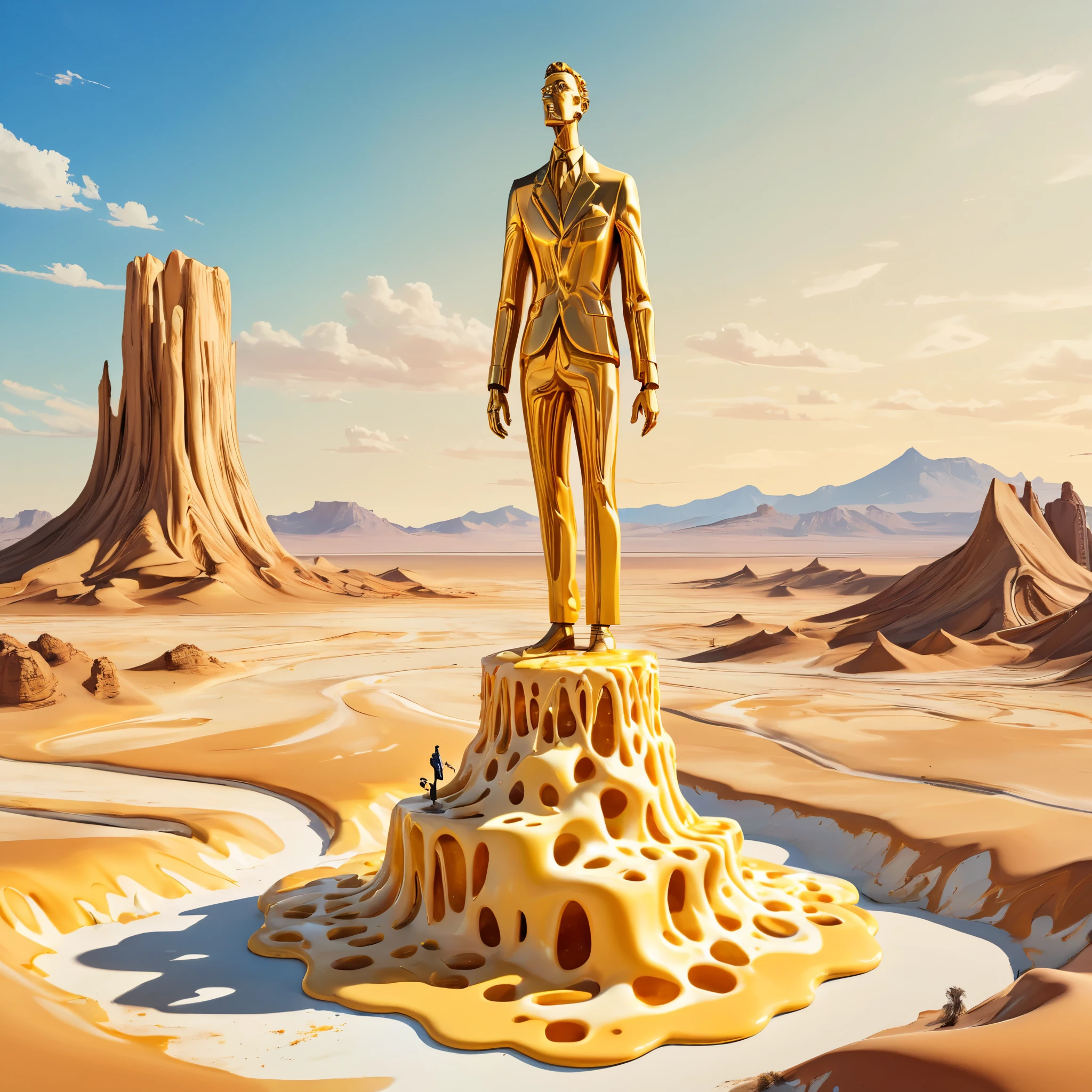 A surreal, dreamlike scene featuring a towering statue made entirely of melted cheese, set against a barren desert landscape, reminiscent of the works of Salvador Dalí.