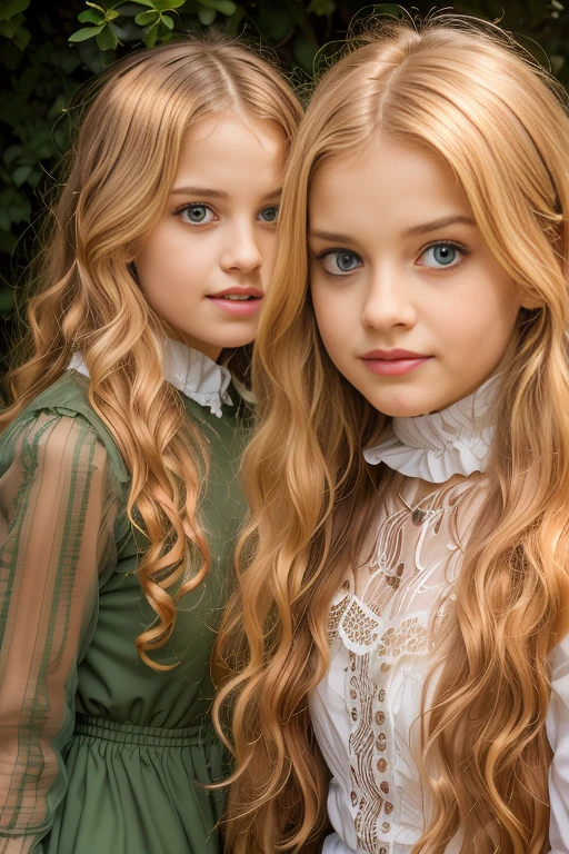 two girls, (Virginia Otis, 15 years old (blond hair, blue eyes)) pose with (16 years old Georgie Gerald (blond hair, green eyes)). Victorian style. thin, cute face, walks at night in Canterville Castle (inspired by the novel The Canterville Ghost). aged 1887, Victorian fantasy