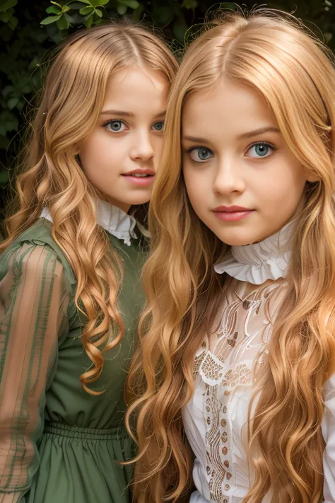 two girls, (Virginia Otis, 15 years old (blond hair, blue eyes)) pose with (16 years old Georgie Gerald (blond hair, green eyes)...