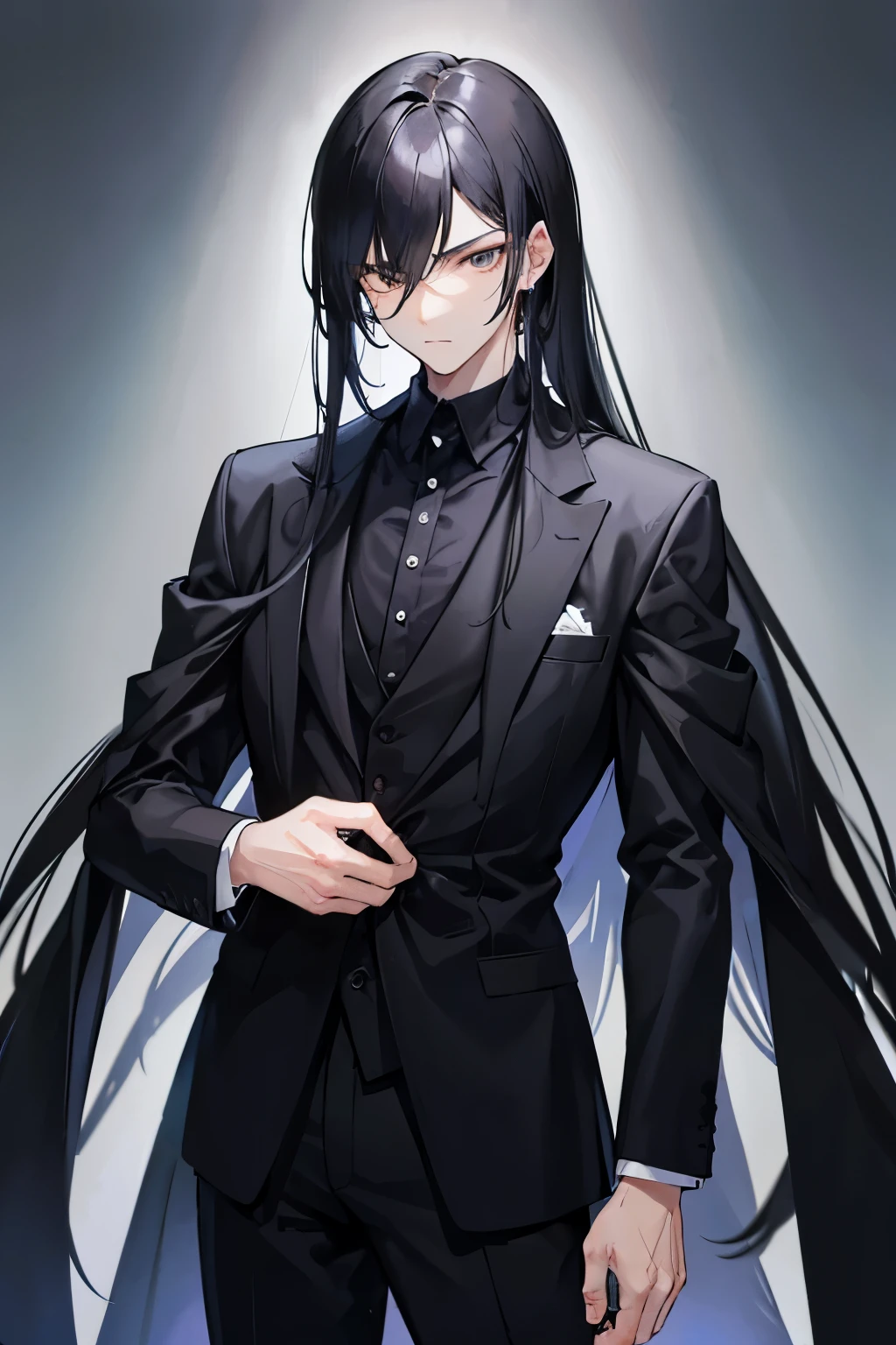 Anime guy in a suit with long black hair and a bow tie - SeaArt AI