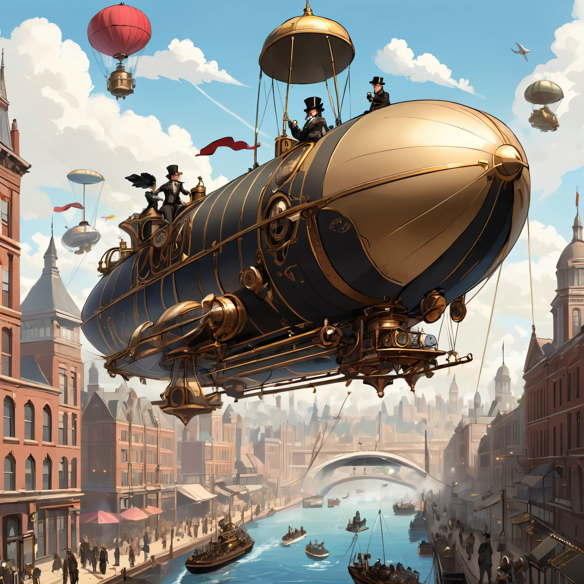 Una ciudad de la era victoriana llena de intrincados mecanismos de relojería y artefactos de vapor, con dirigibles volando por encima y ciudadanos vestidos con una elaborada moda neovictoriana, inspirados en las obras de K.En. Jeter y James Blaylock.