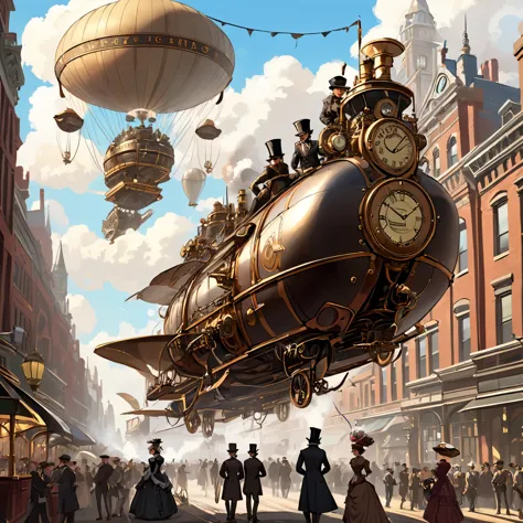 A Victorian-era city filled with intricate clockwork machinery and steam-powered contraptions, with airships soaring overhead an...