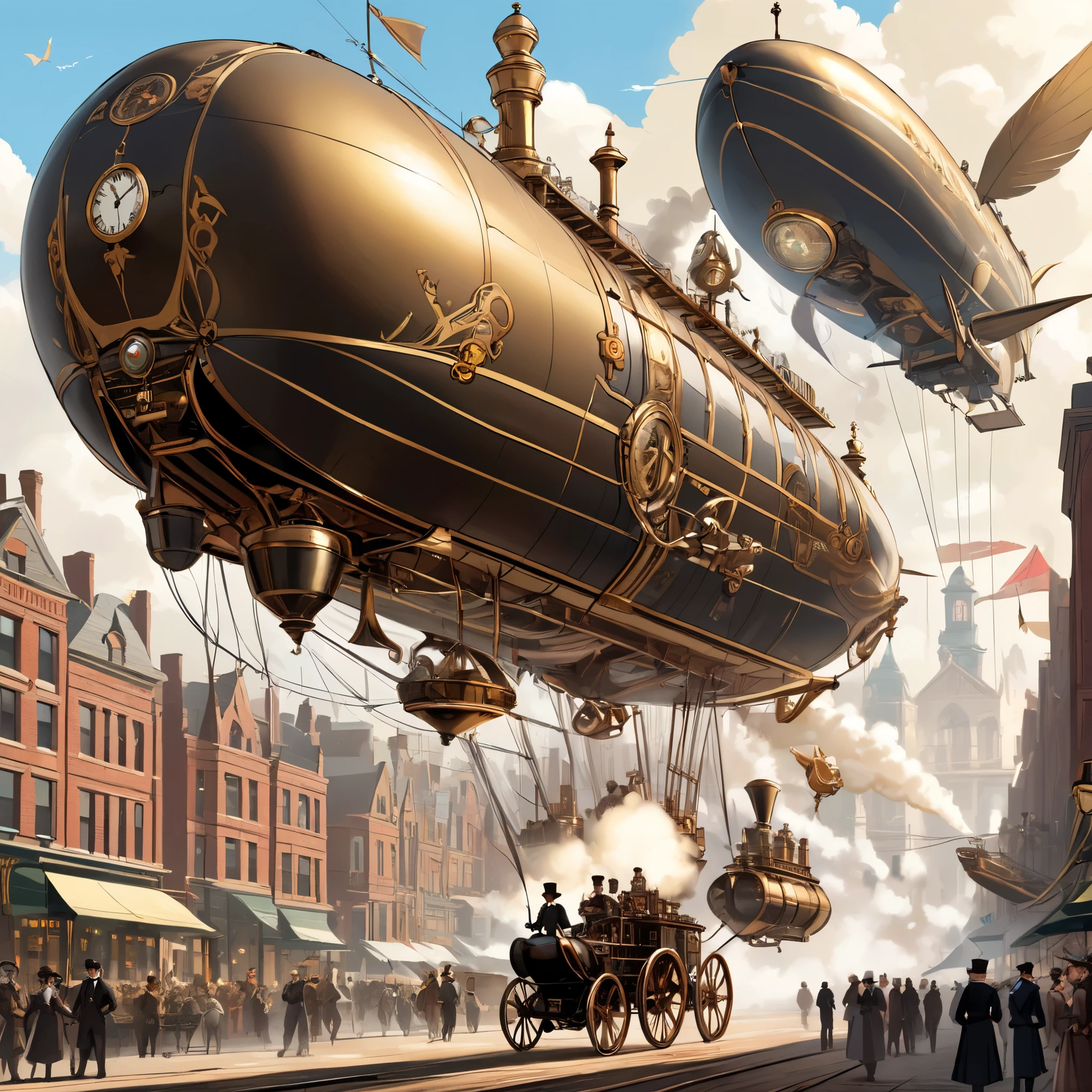 Una ciudad de la era victoriana llena de intrincados mecanismos de relojería y artefactos de vapor, con dirigibles volando por encima y ciudadanos vestidos con una elaborada moda neovictoriana, inspirados en las obras de K.En. Jeter y James Blaylock.