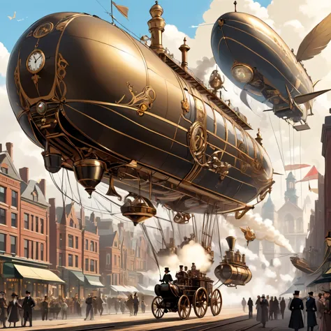 A Victorian-era city filled with intricate clockwork machinery and steam-powered contraptions, with airships soaring overhead an...