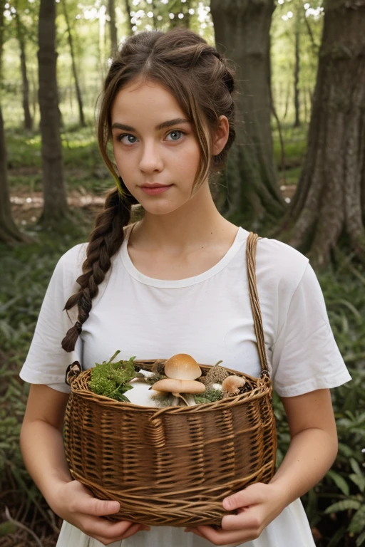 Garota de 14 anos que tem um cabelo castanho , Well curly and long he has leaf-green eyes and is wearing a ponytail as a hairstyle. No fundo tem um lago, collecting mushrooms in the woods, carrying a wicker basket 