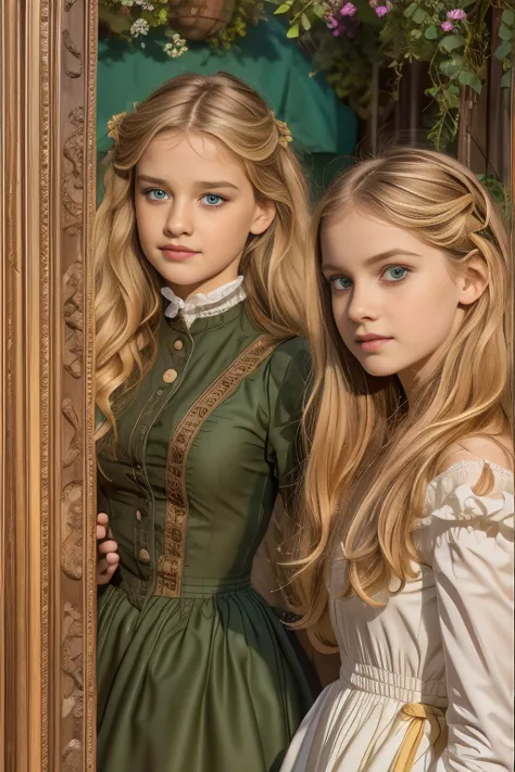two girls, (Virginia Otis, 15 years old (blond hair, blue eyes)) pose with (16 years old Georgie Gerald (blond hair, green eyes)...