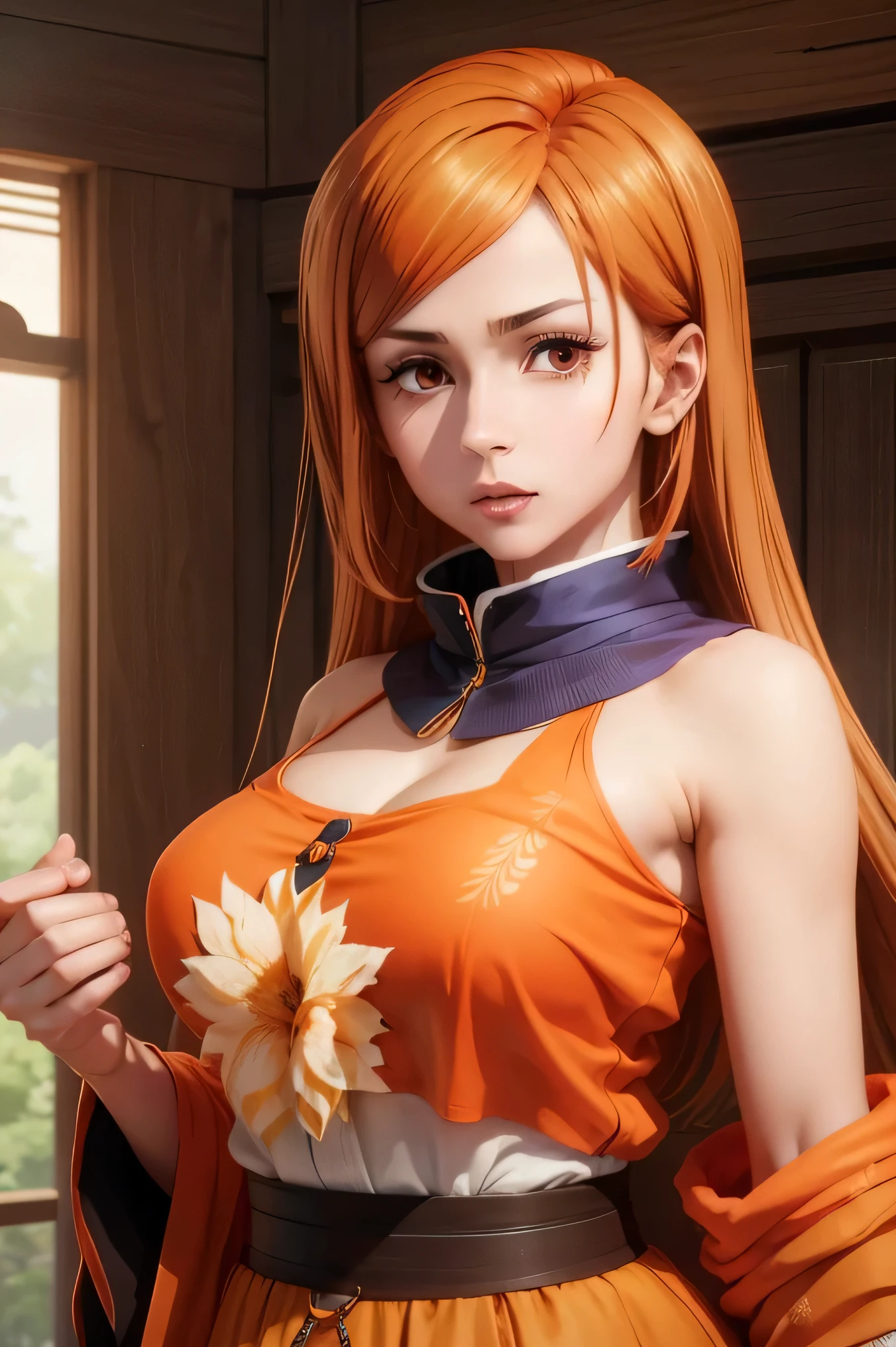 beautiful women Nobara Kugisaki her ginger brown hair, her Orange eyes, she with indian outfit