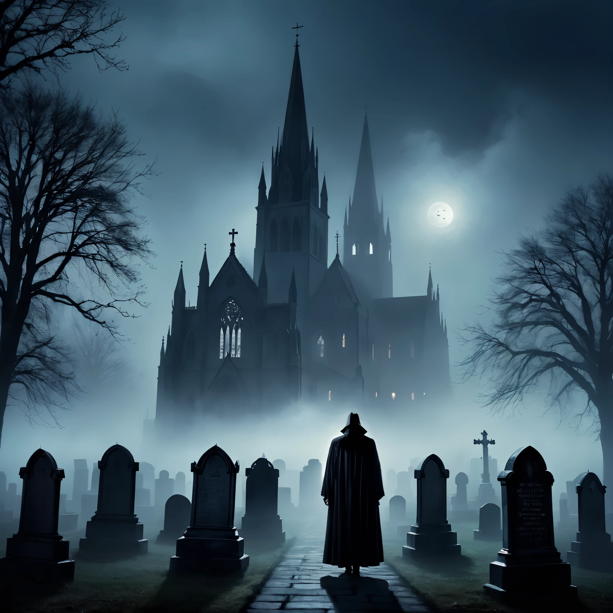 A dark, ominous Gothic cathedral looming over a foggy graveyard, with eerie shadows and haunting figures lurking in the background, capturing the essence of classic horror novels like Dracula and Frankenstein.