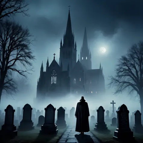 a dark, ominous gothic cathedral looming over a foggy graveyard, with eerie shadows and haunting figures lurking in the backgrou...