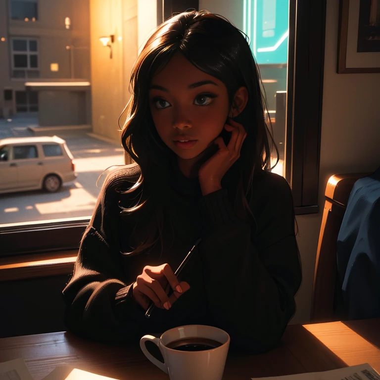 ((masterpiece, best quality, ultra detailed, ultra high res)), ((night)), (distant), chiaroscuro, coffee, indoors, solo focus, pov, (through the window), (armrest), 1 girl,(dark skin), ebony skin, ebony nose, full lips, facing away, black hair, long hair, distracted, sitting, fuzzy sweater shirt, (looking away), streetspace, neon lights, particles, luminous dark brown eyes,