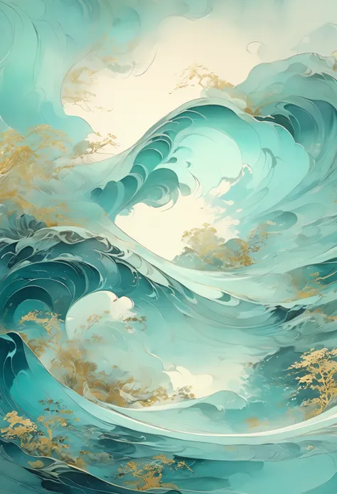 chinese painting nature illustration,  in the style of ethereal dreamscapes,  gold and aquamarine,  layered imagery with subtle ...