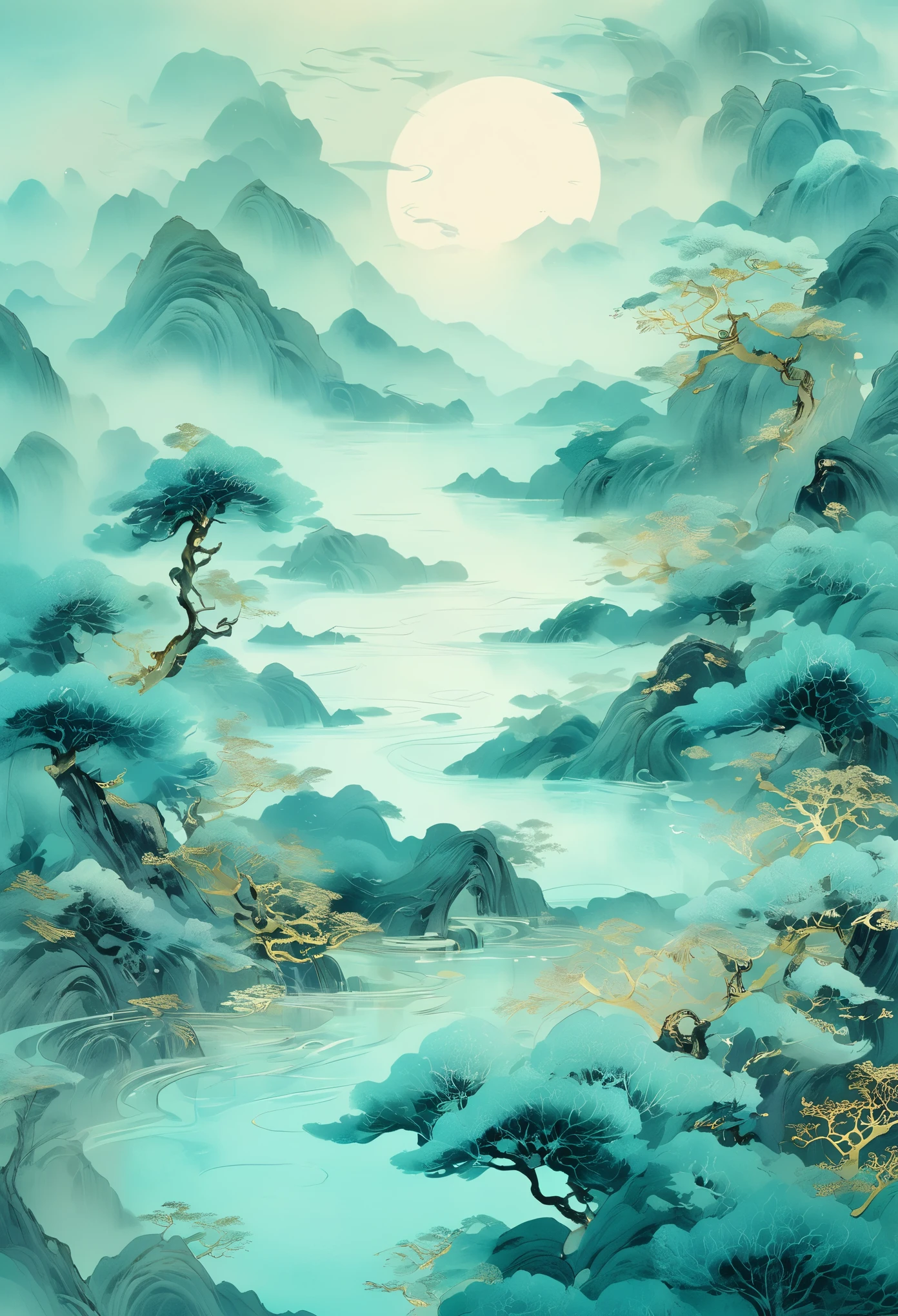 chinese painting nature illustration,  in the style of ethereal dreamscapes,  gold and aquamarine,  layered imagery with subtle irony,  historical illustrations,  futuristic chromatic waves,  light teal and white,  precise,  detailed paintings 