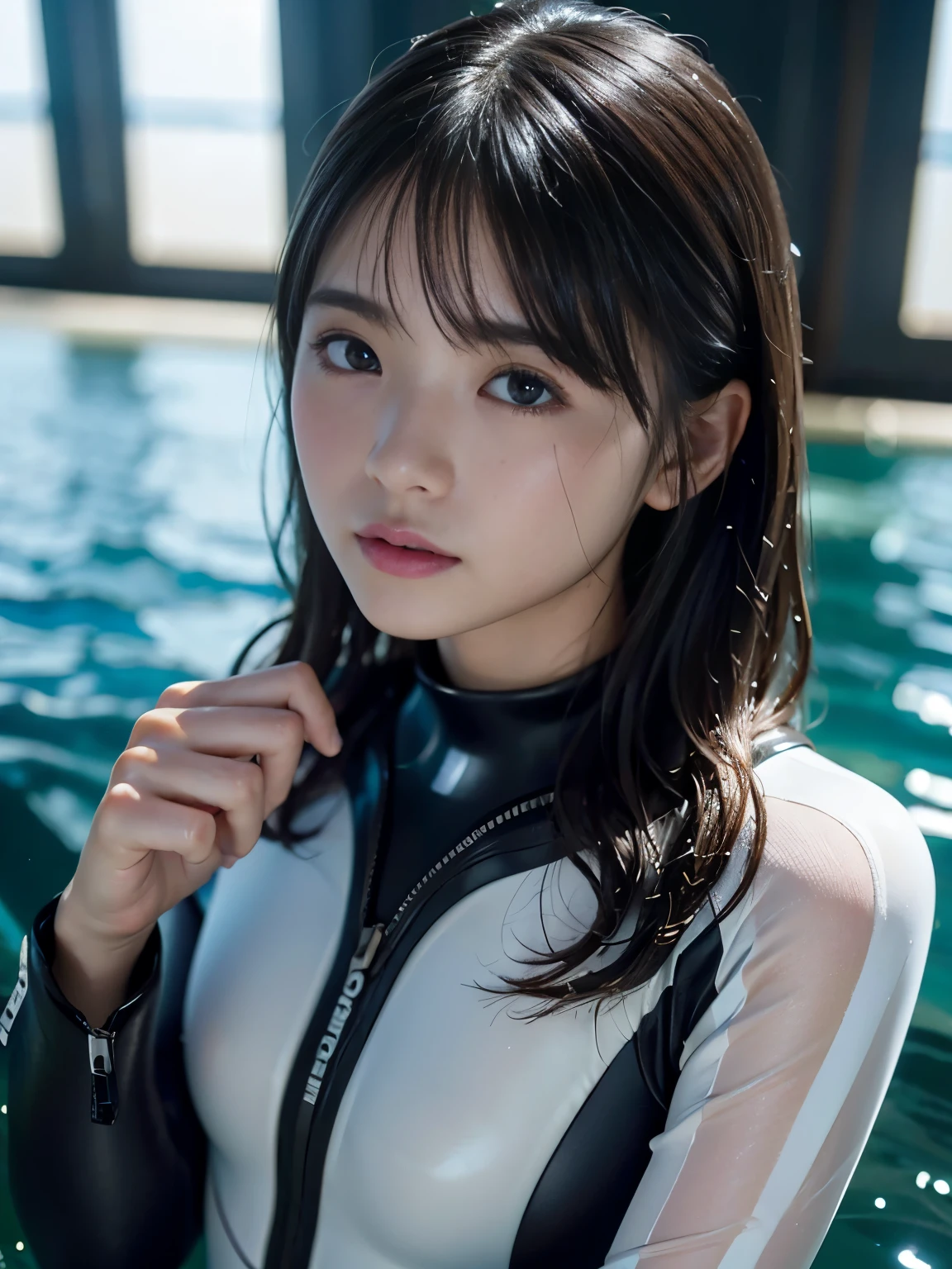 (1 Girl)、highest quality、masterpiece、超A high resolution、(Photoreal:1.4)、Raw photo、1 girl、wet hair、Sweat、(Wearing a wetsuit)、Female Divers、long sleeve、gloves、Portrait、Shadow、octane rendering、8K、super sharp、Metal、intricate decorative details、Lake Details、very intricate details、realistic light、(mysterious look)、shining eyes、towards the camera、Small LED、Close-up