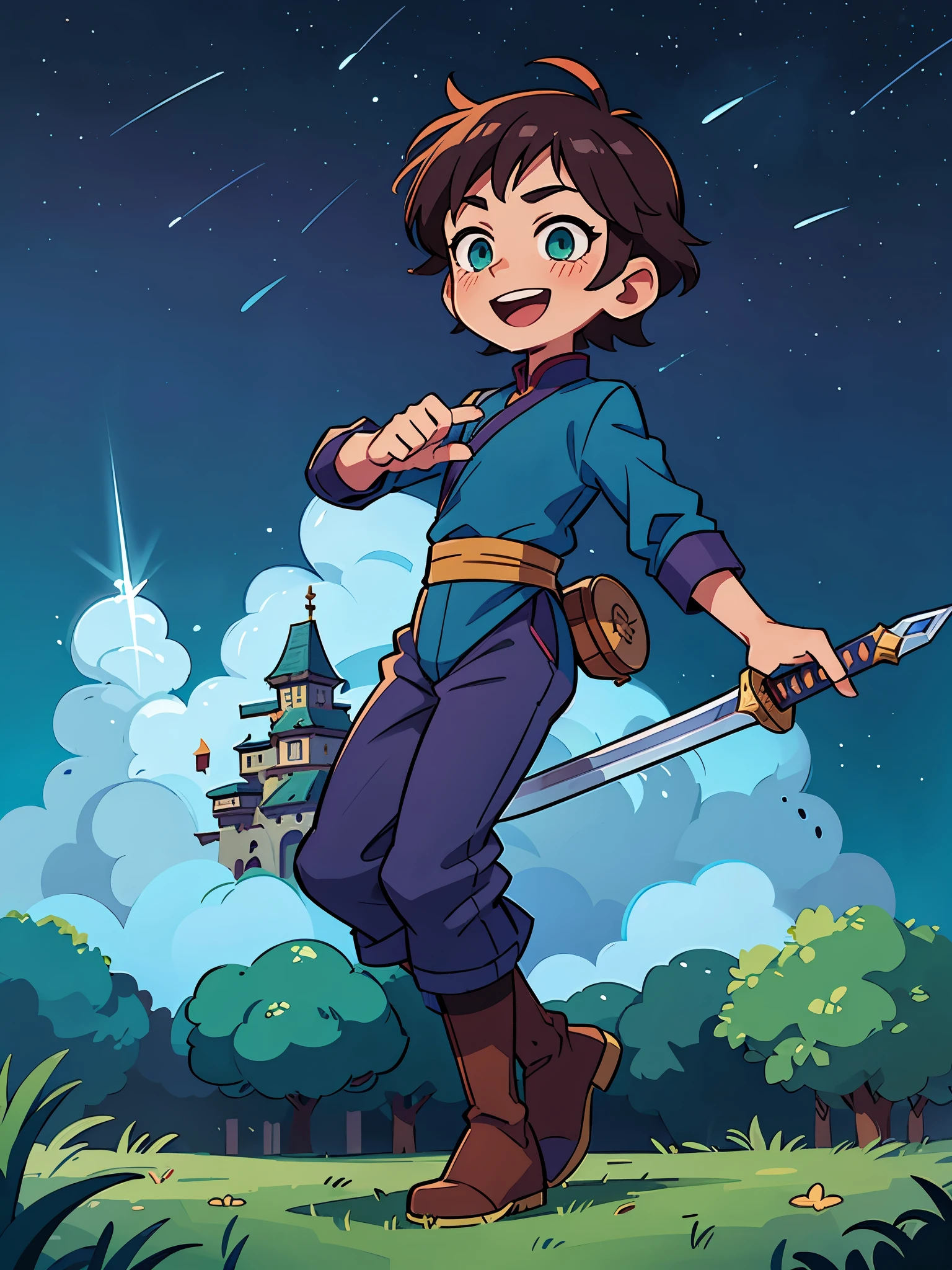 1boy, solo, solo focus, age 10-12, ancient chinese swordsman costume, royal blue costume, brown boots, dark purple hair, short hair, fluffy hair, green eyes, :d, blush, naive, outer space, science fiction landscape, night, starry sky, castle at the background, 