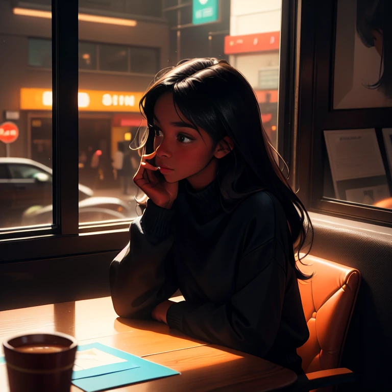 ((masterpiece, best quality, ultra detailed, ultra high res)), (distant), chiaroscuro, coffee, indoors, solo focus, pov, (through the window), (armrest), 1 girl,(dark skin), ebony skin, ebony nose, full lips, facing away, black hair, long hair, distracted, sitting, fuzzy sweater shirt, (looking away), streetspace, neon lights, particles, 